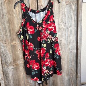 First Love Black Tank Top with Red Floral Print